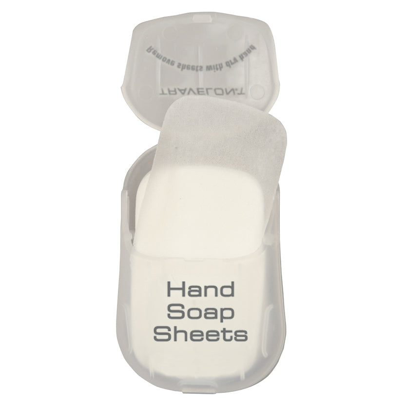 Hand soap sheets in a dispenser on a white background