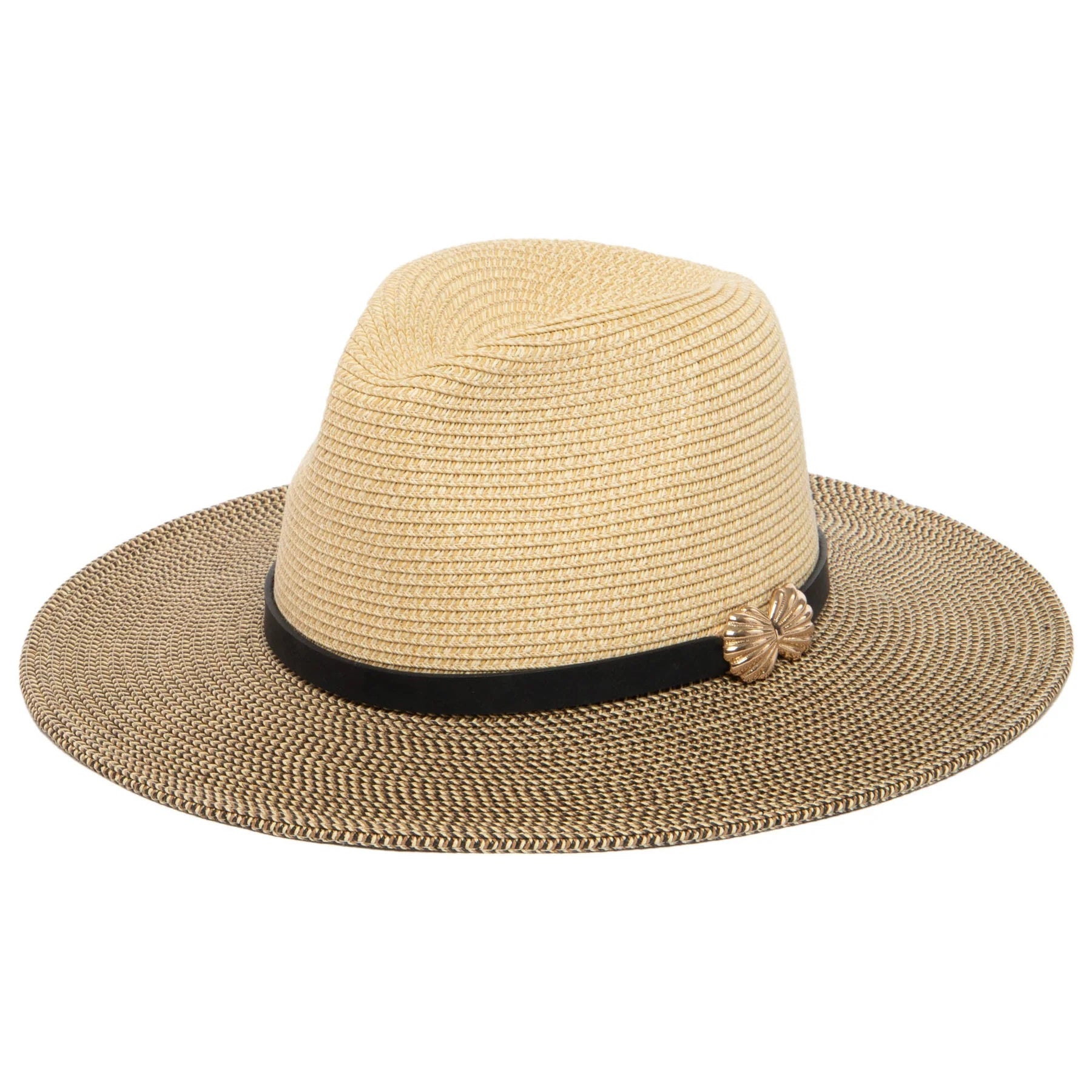 Ultrabraid two-tone Fedora with faux leather band and joined gold seashell trim