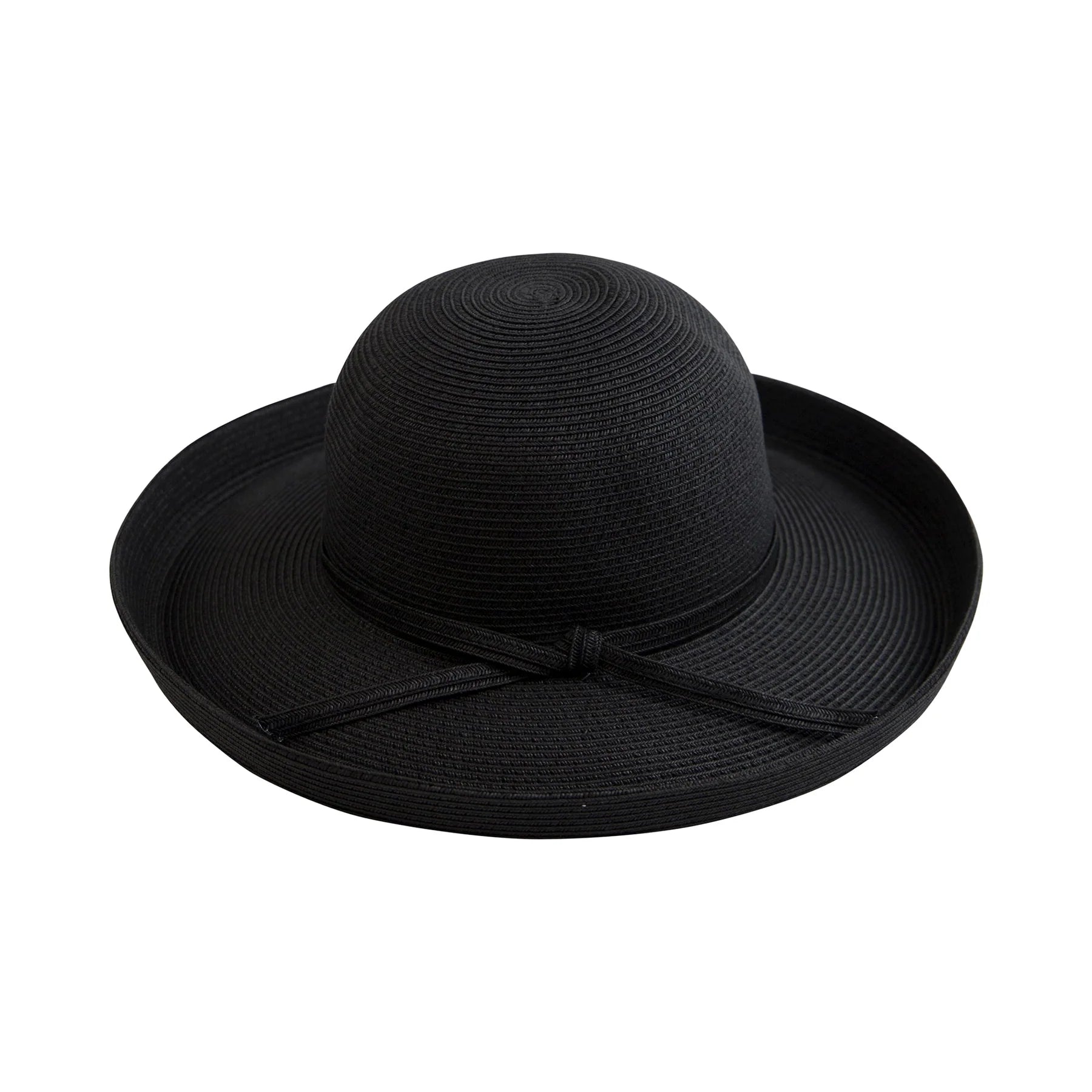 Black straw hat with a wide brim on a white background