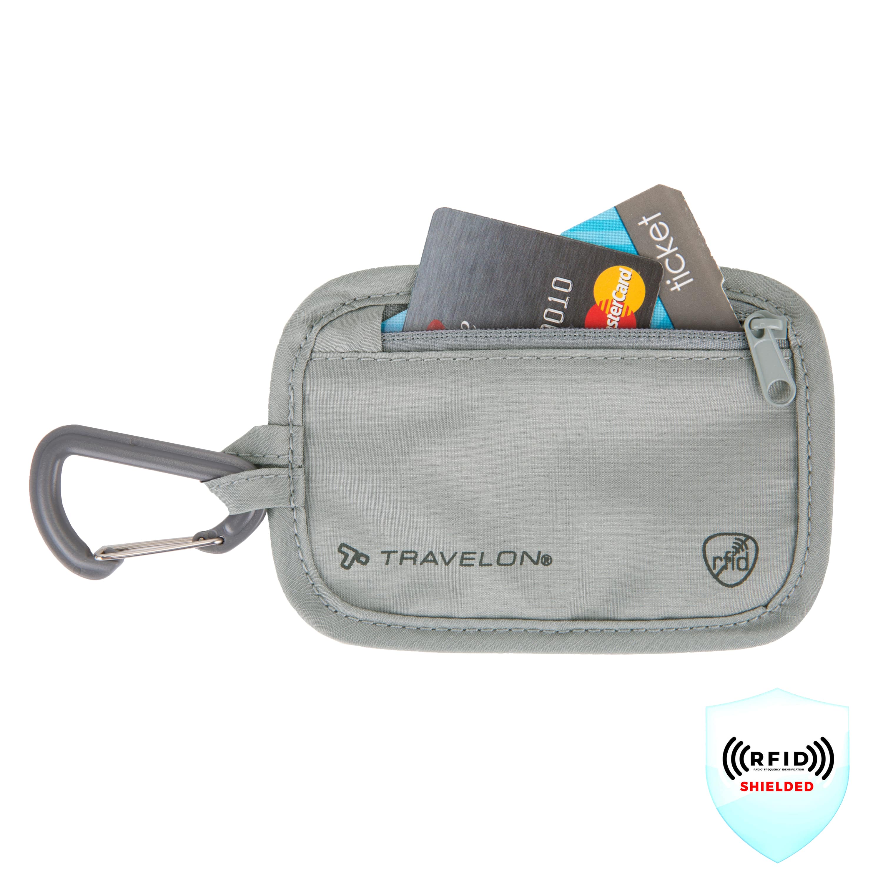 RFID Clip Stash Pouch in Gray. A travel wallet with card slots and carabiner, featuring Travelon branding.