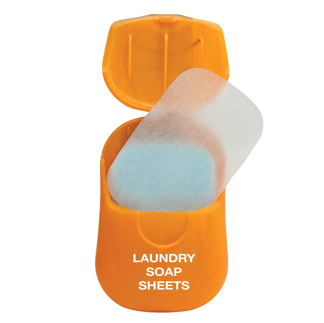 Orange container with a white soap sheet labeled 'Laundry Soap Sheets' on a white background
