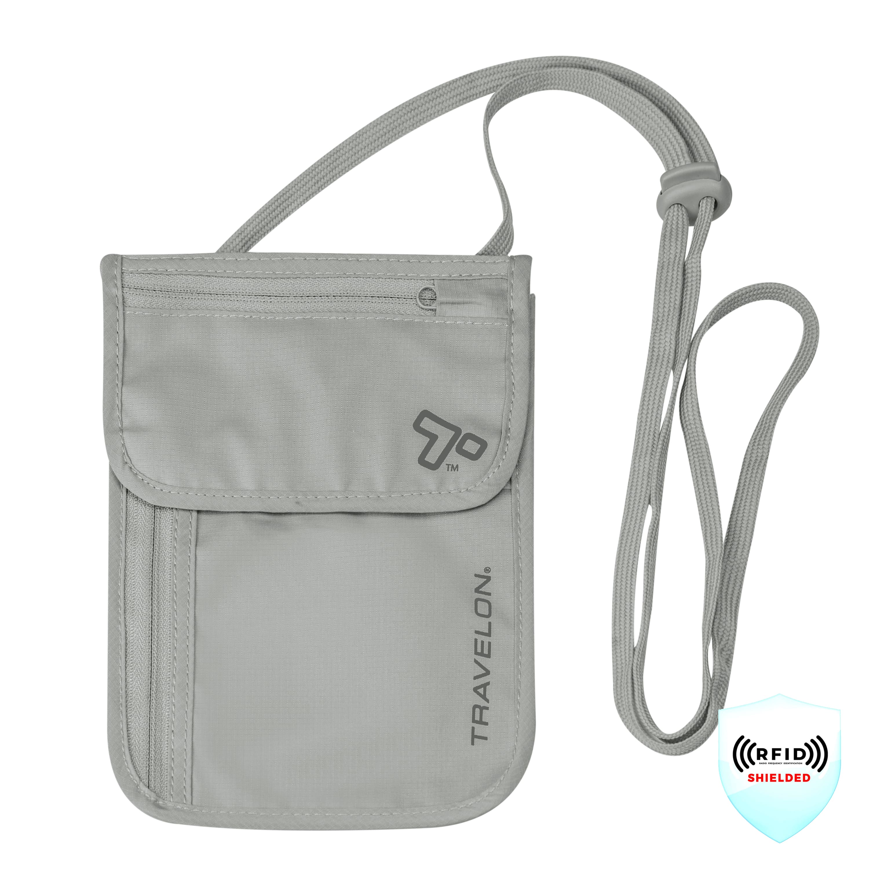 RFID Blocking Waist Pouch that is Gray with a strap for your neck and Travelon branding on a white background