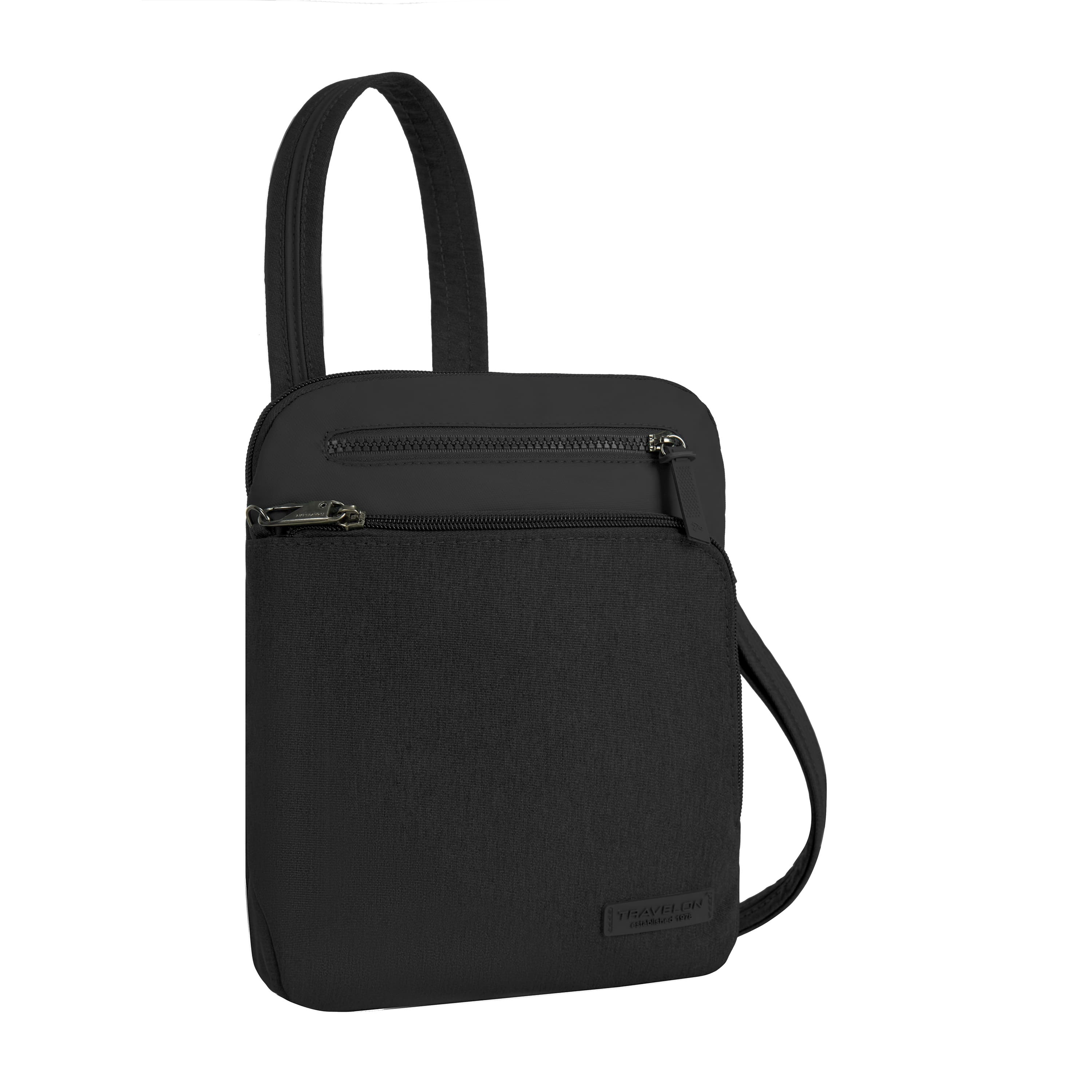 Travelon Black Metro Anti-Theft Small Crossbody Bag with a strap on a white background