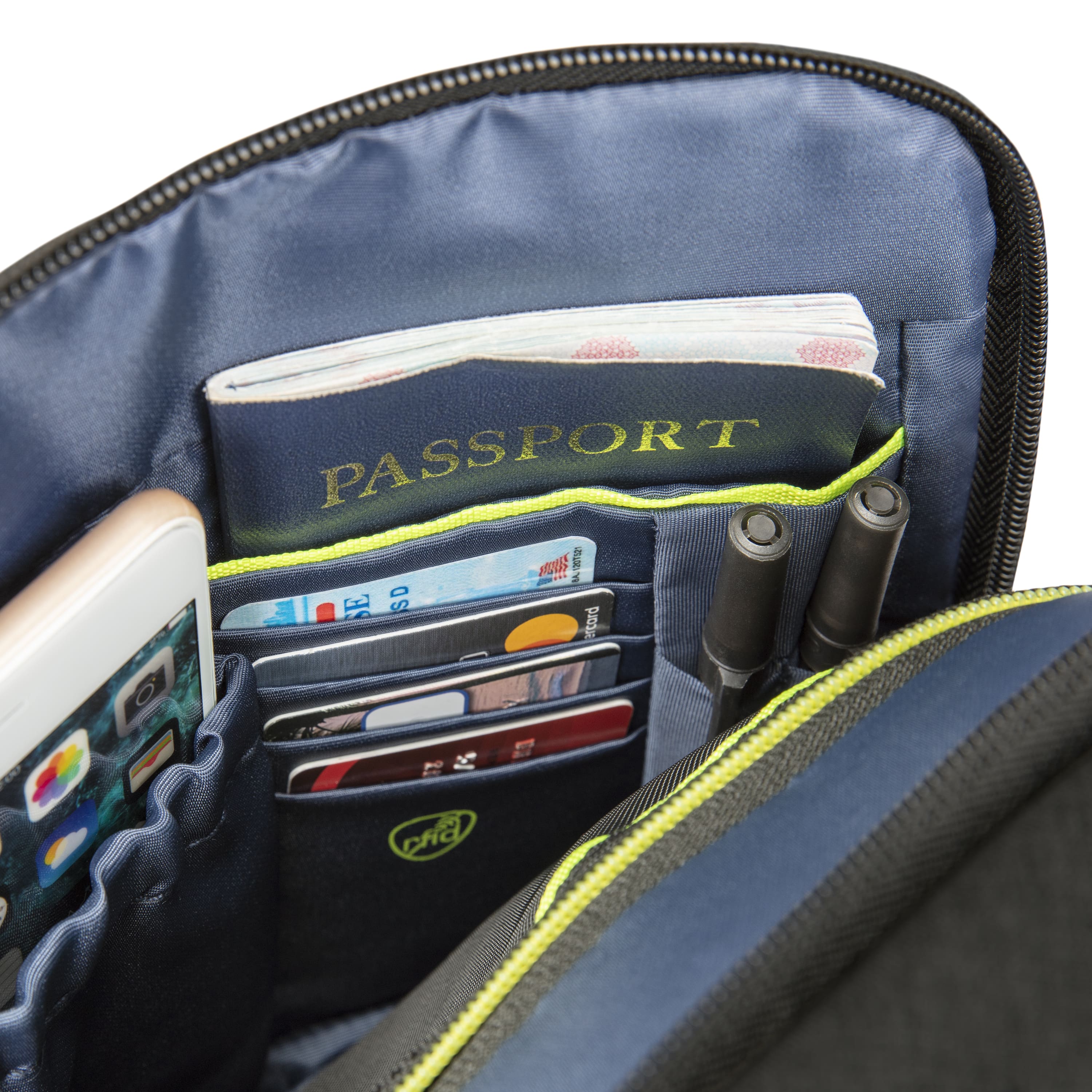 Open blue travel organizer with passport, cards, phone, and pens inside.