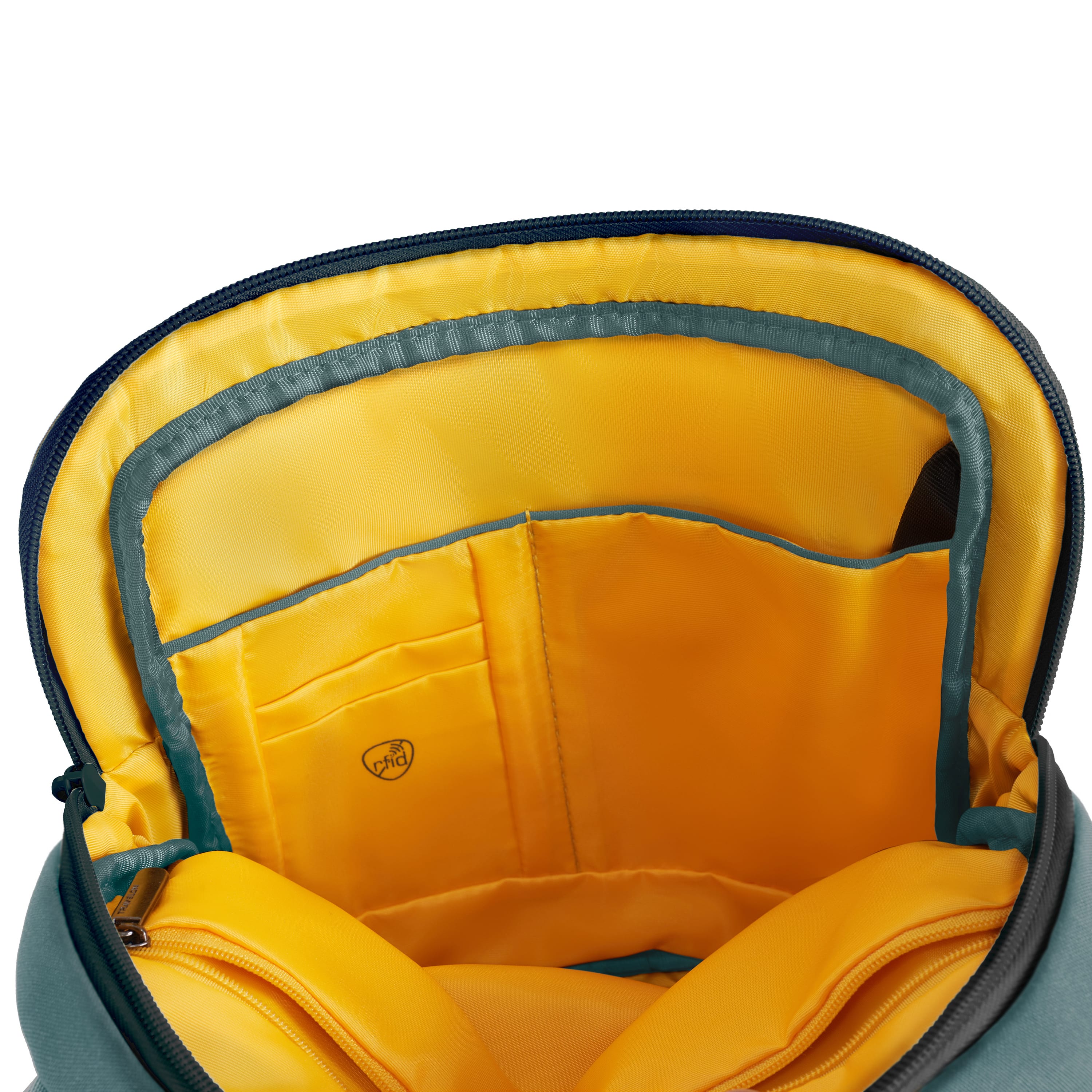 Voyages Anti-Theft Slim Tour Bag in the color teal with black straps on a white background - showing orange interior.