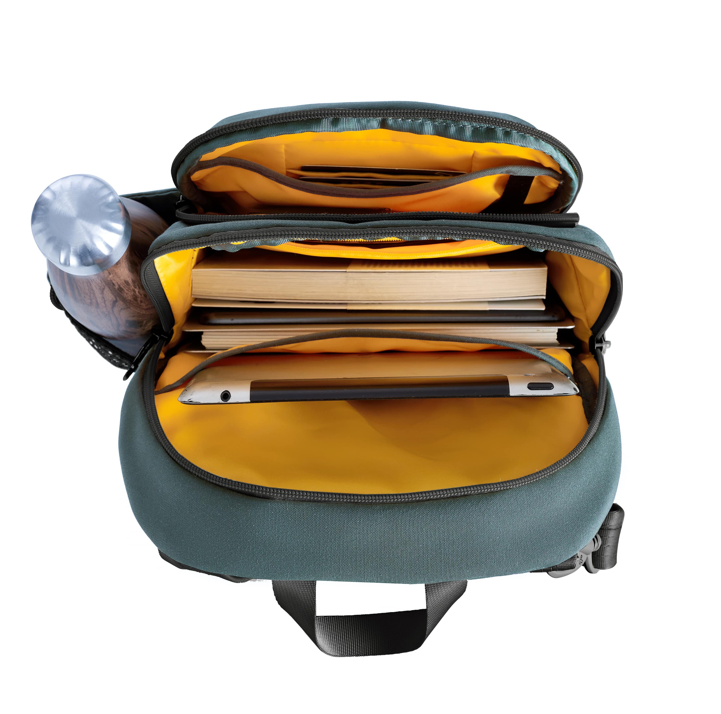 Voyages Anti-Theft Tour Bag Teal backpack with black zippers on a white background - with orange interior.