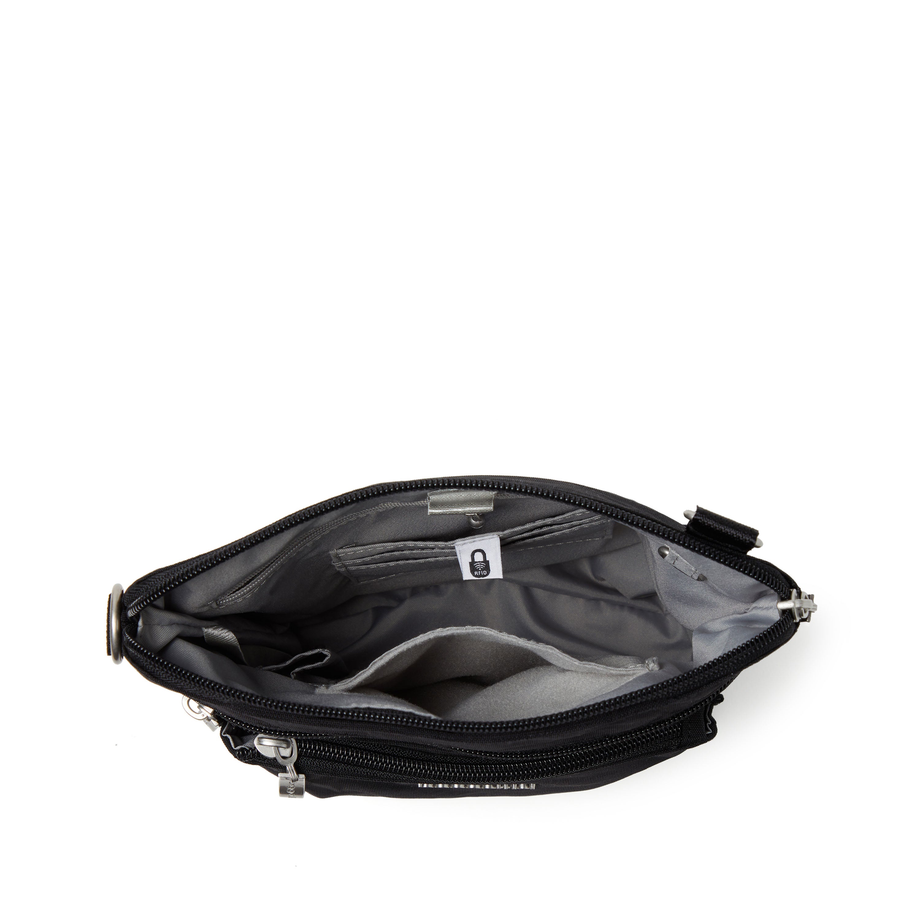 Modern Pocket Crossbody with three RFID card slots, lipstick loop, and a 52" detachable adjustable strap - interior view.