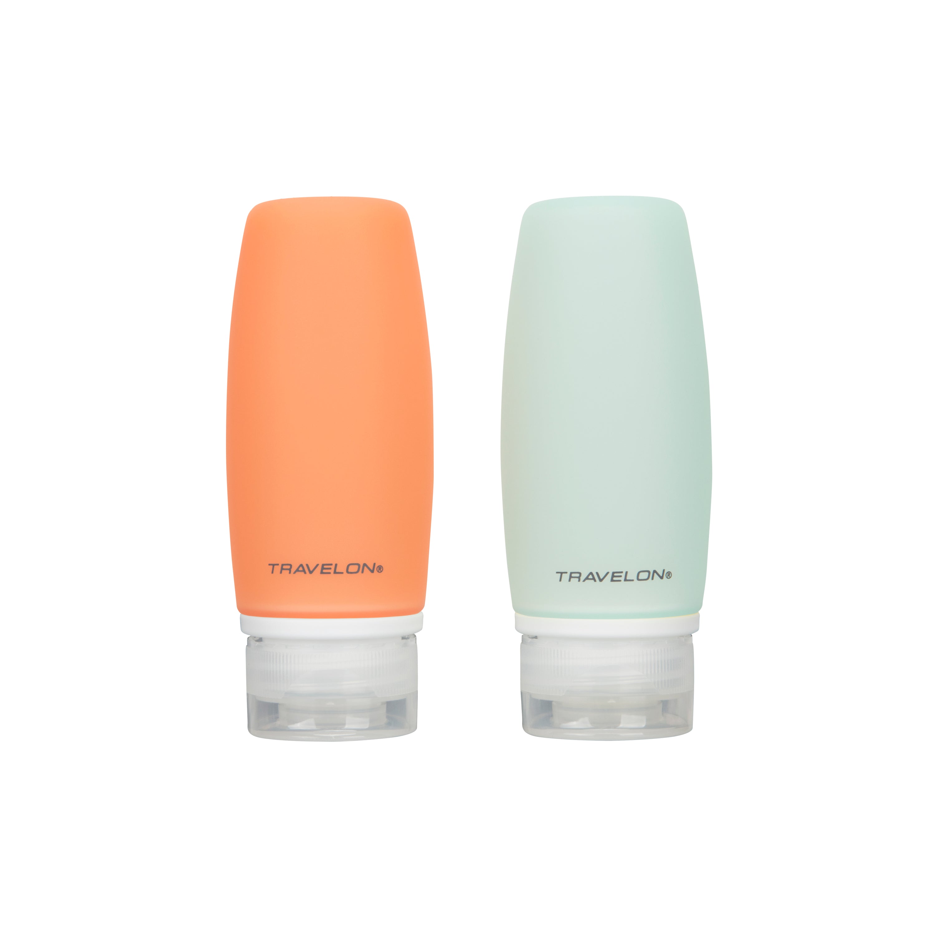 Two travel bottles, one orange and one light blue, on a white background.
