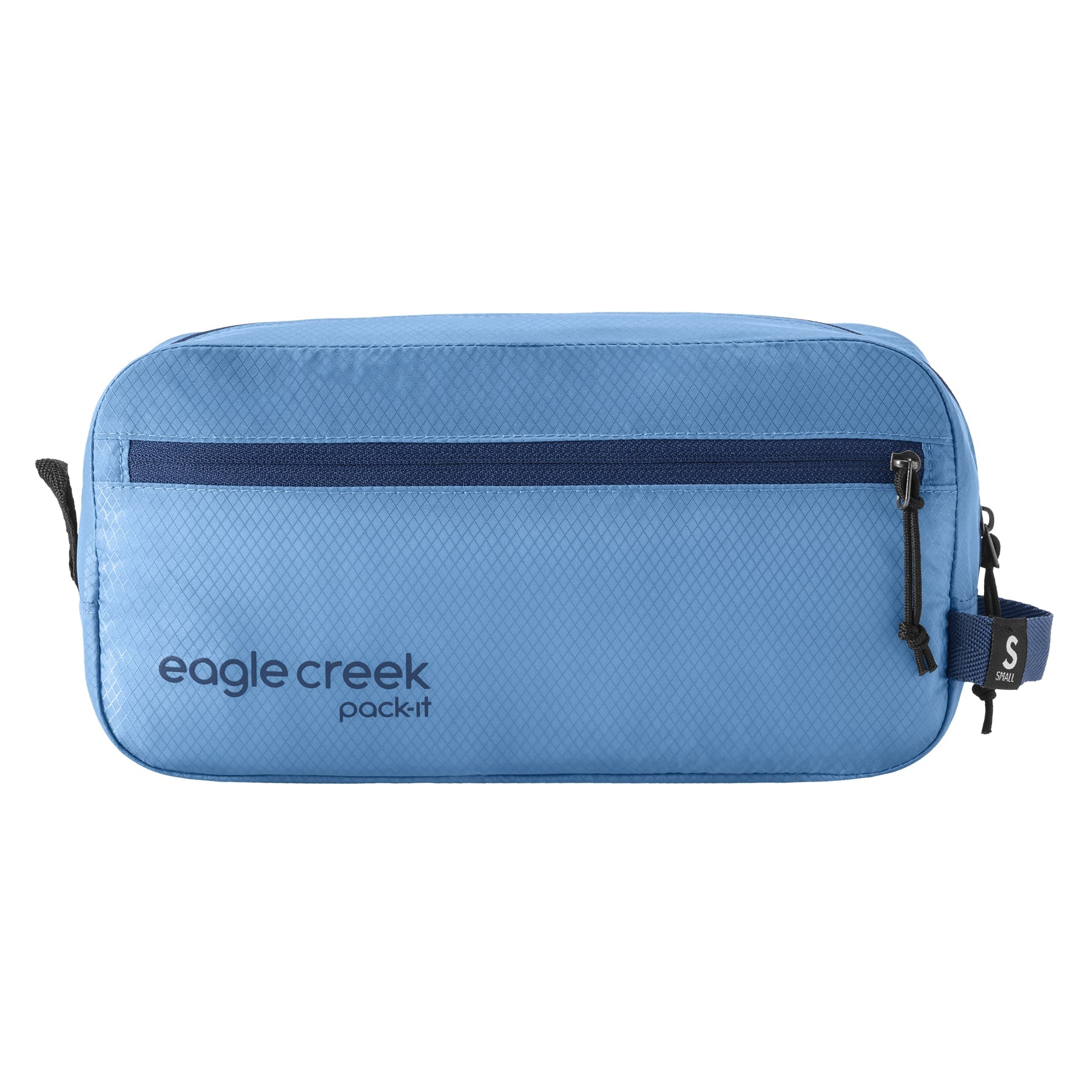 Blue travel pouch with 'eagle creek' branding on a white background
