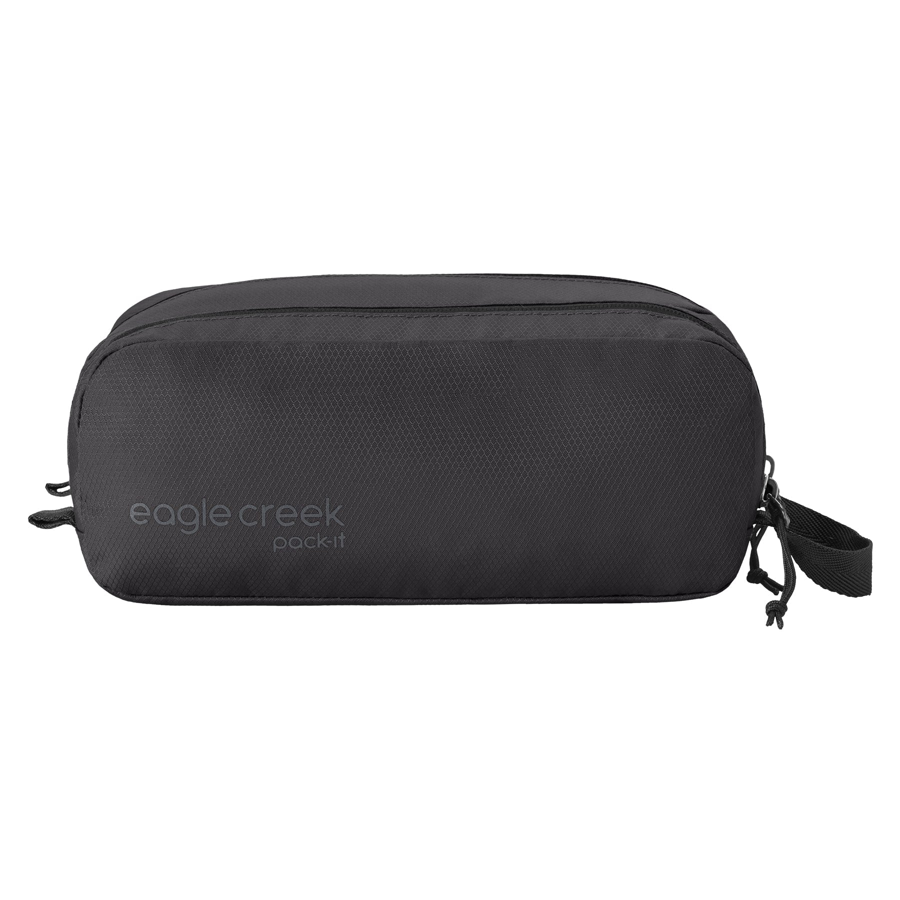 Small toiletry bag with two compartments. Side handles for easy carry and grab-and-go. Side zippered mesh pocket. Mesh gives visibility and accelerated dry times. Black.