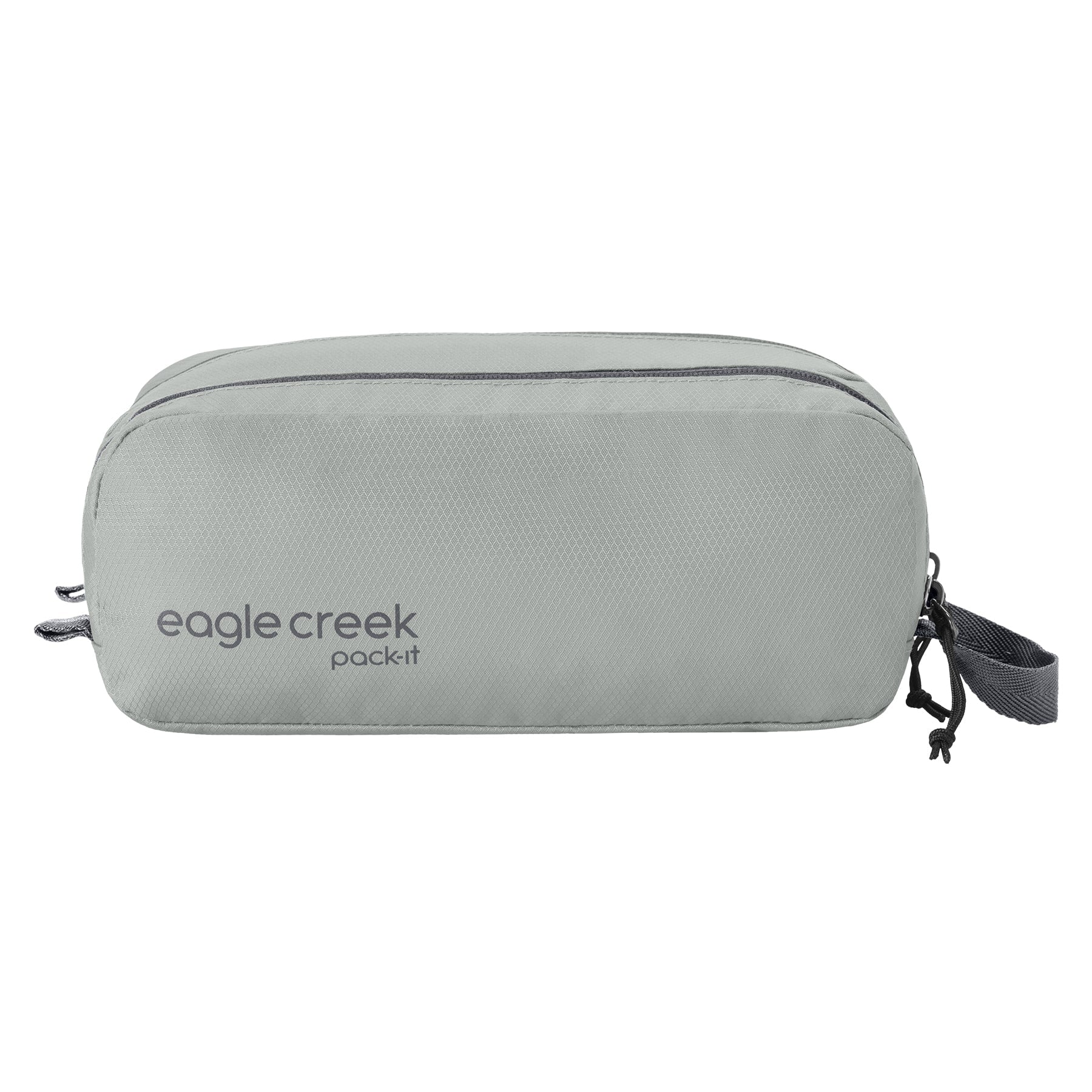 Small toiletry bag with two compartments. Side handles for easy carry and grab-and-go. Side zippered mesh pocket. Mesh gives visibility and accelerated dry times. Gray.