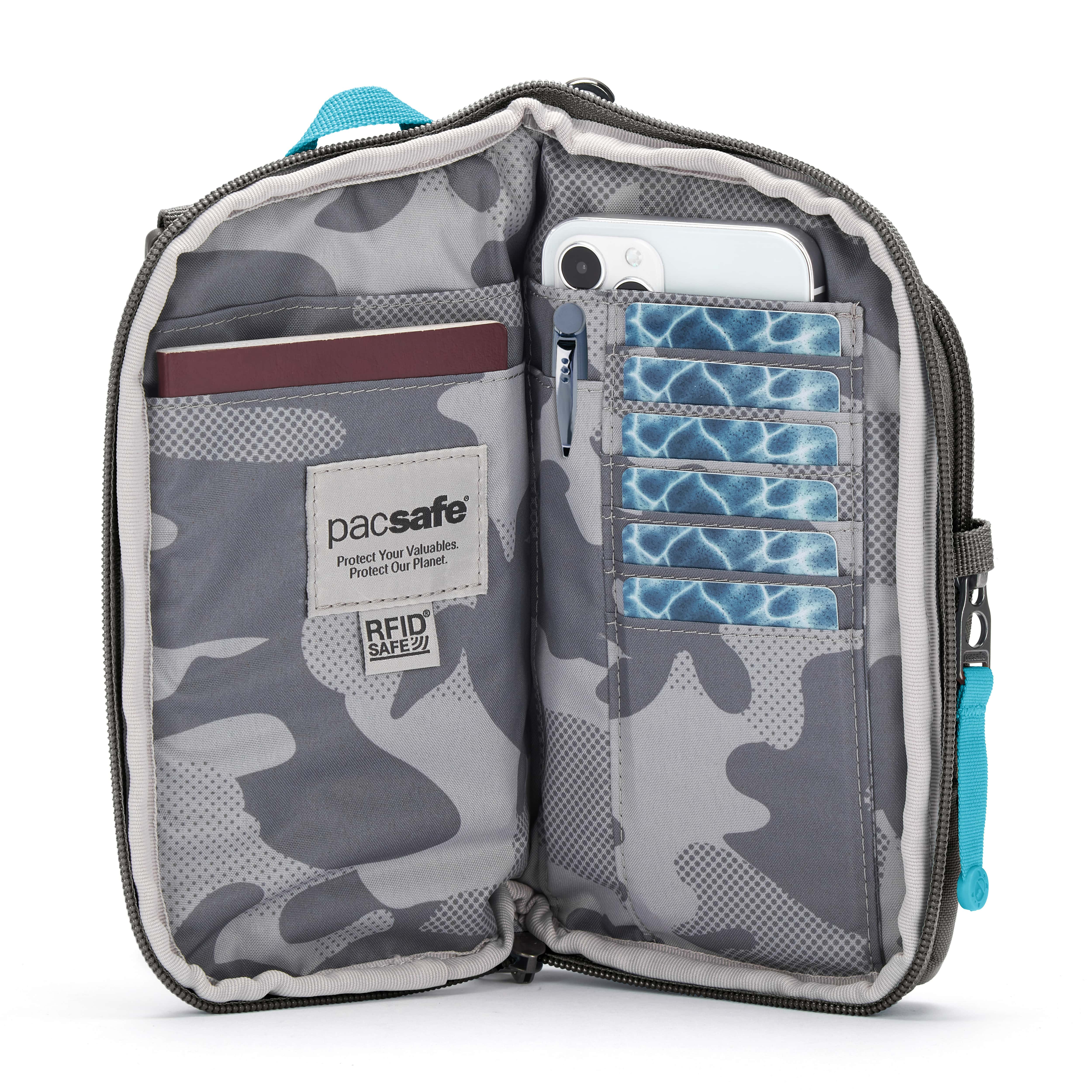 PacSafe Go Tech Crossbody with anti-theft design interior.