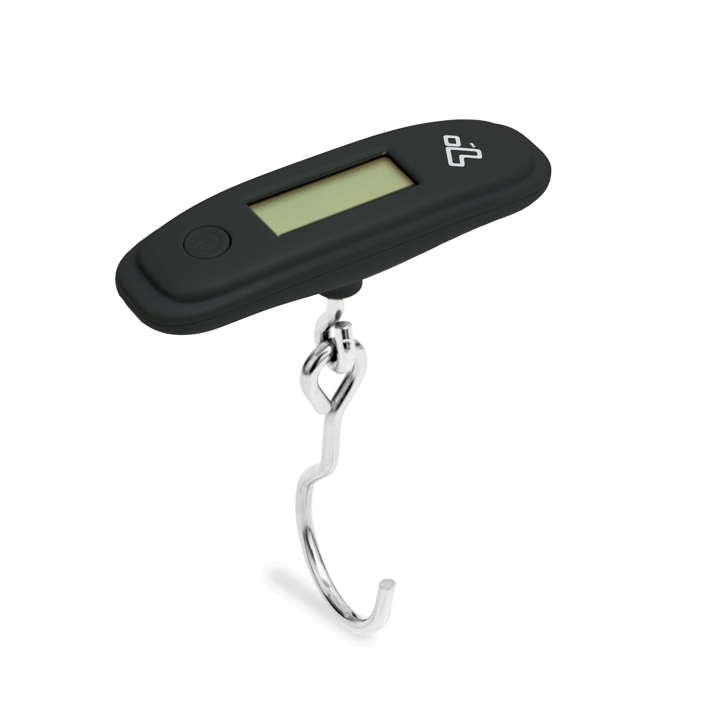 Black digital luggage scale with a hook on a white background
