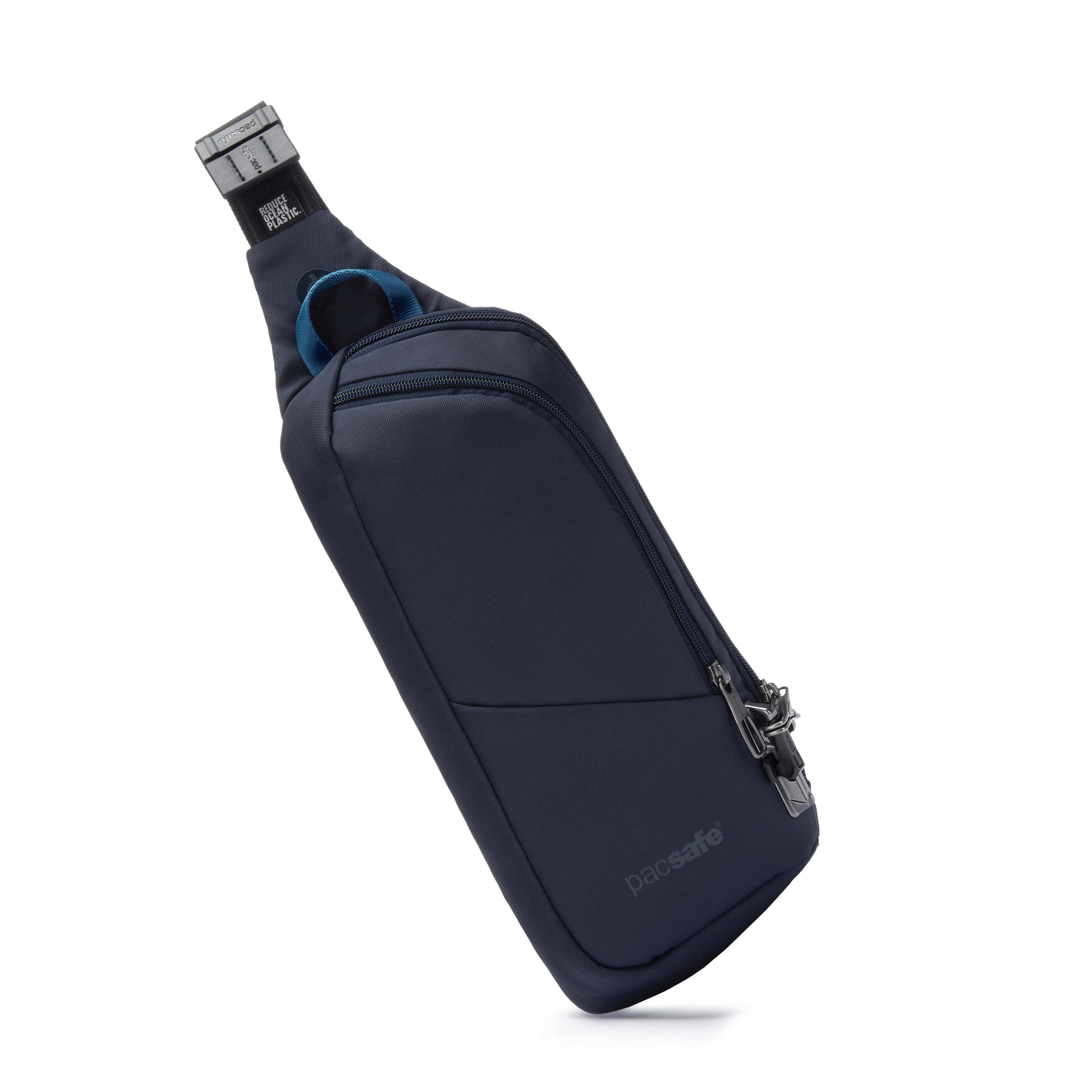 PacSafe V Action Sling Black bag with extra-level lockable zips and a cut-resistant front panel.