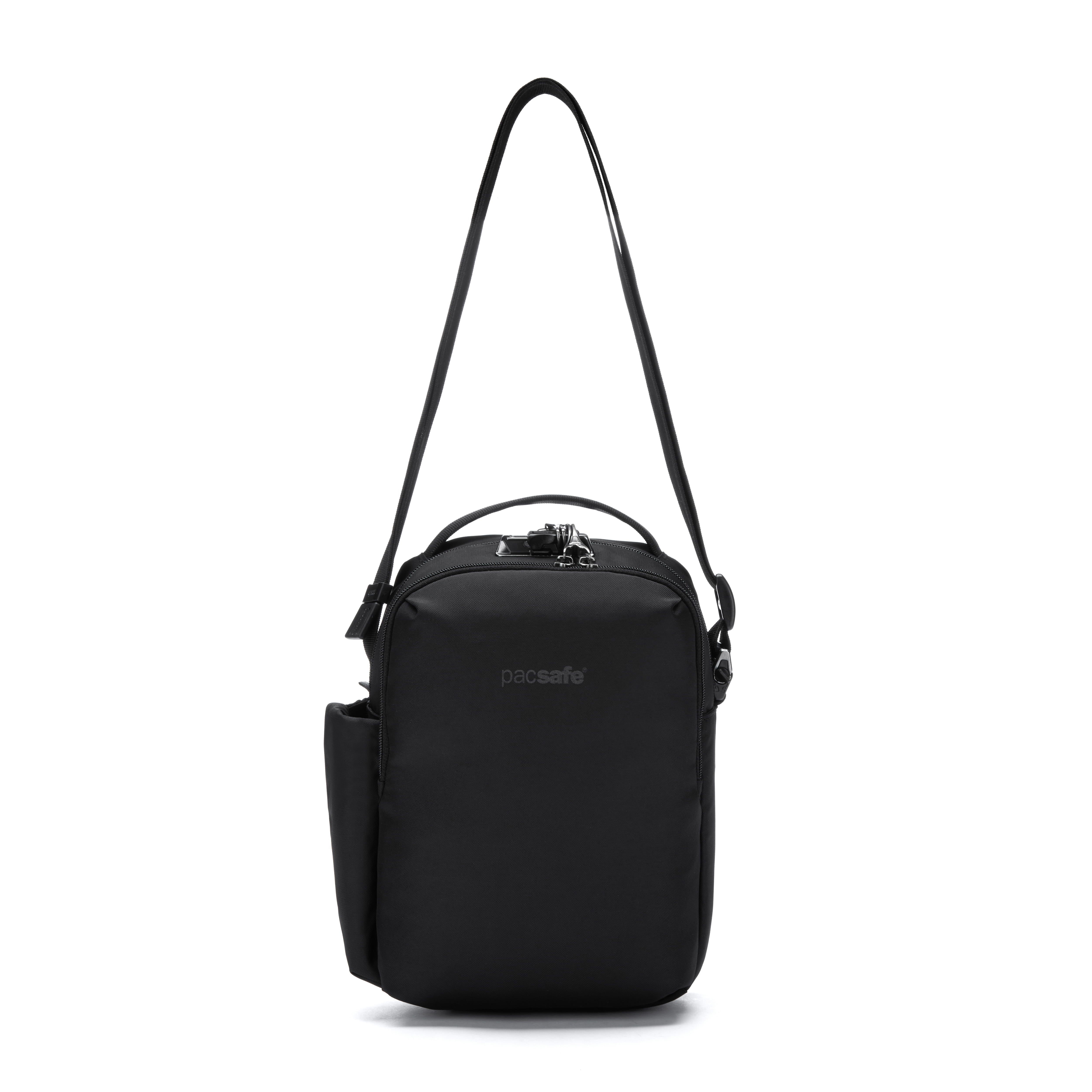 Black crossbody bag with a visible brand logo on a white background