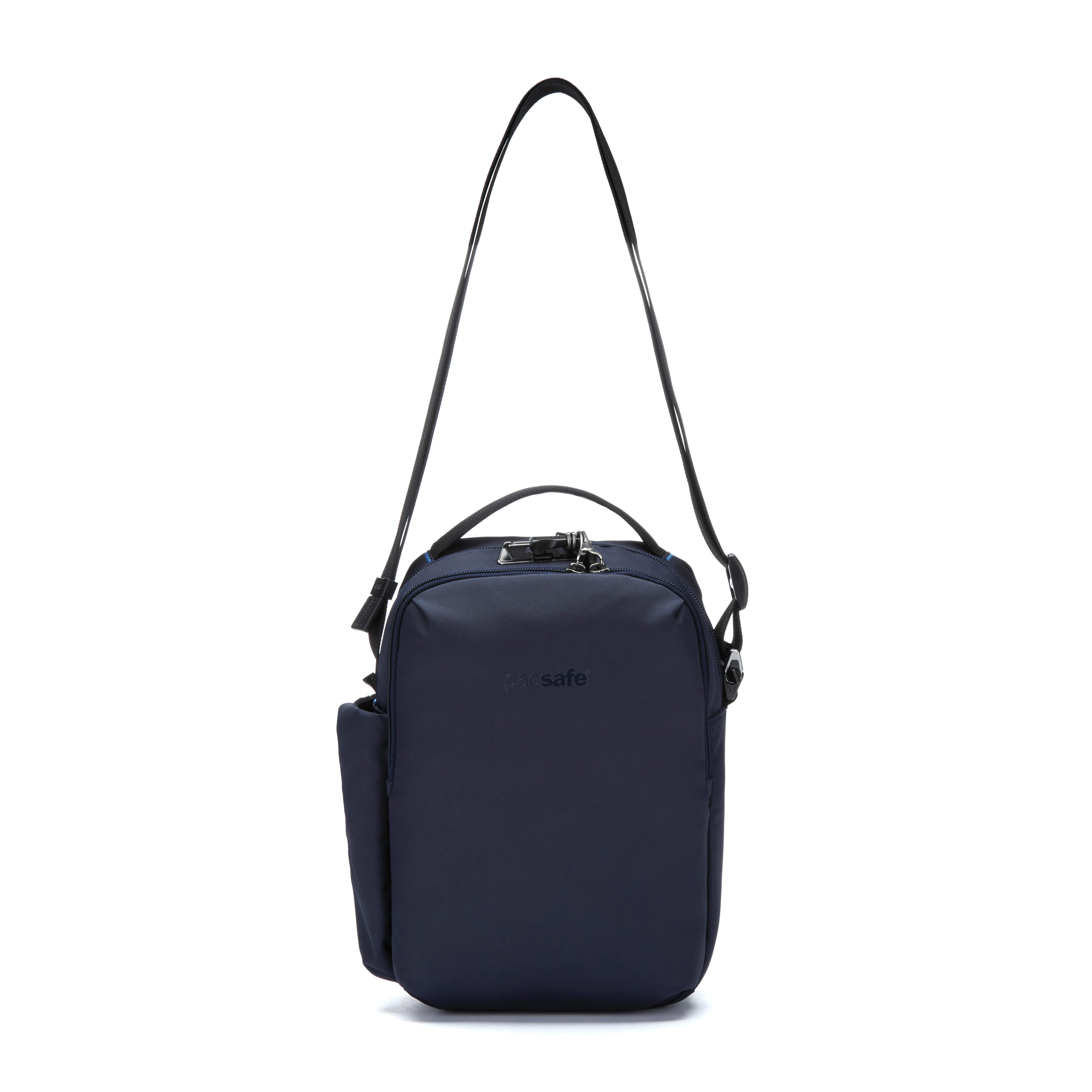 Navy blue crossbody bag with a strap on a white background