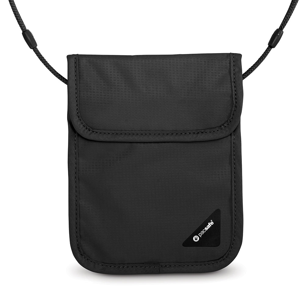 Black crossbody bag with a Pacsafe logo on a white background