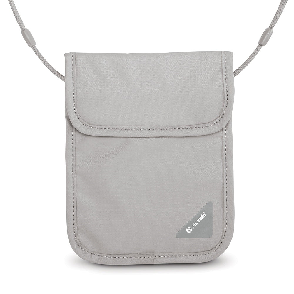 Gray crossbody bag with a Pacsafe brand logo on a white background