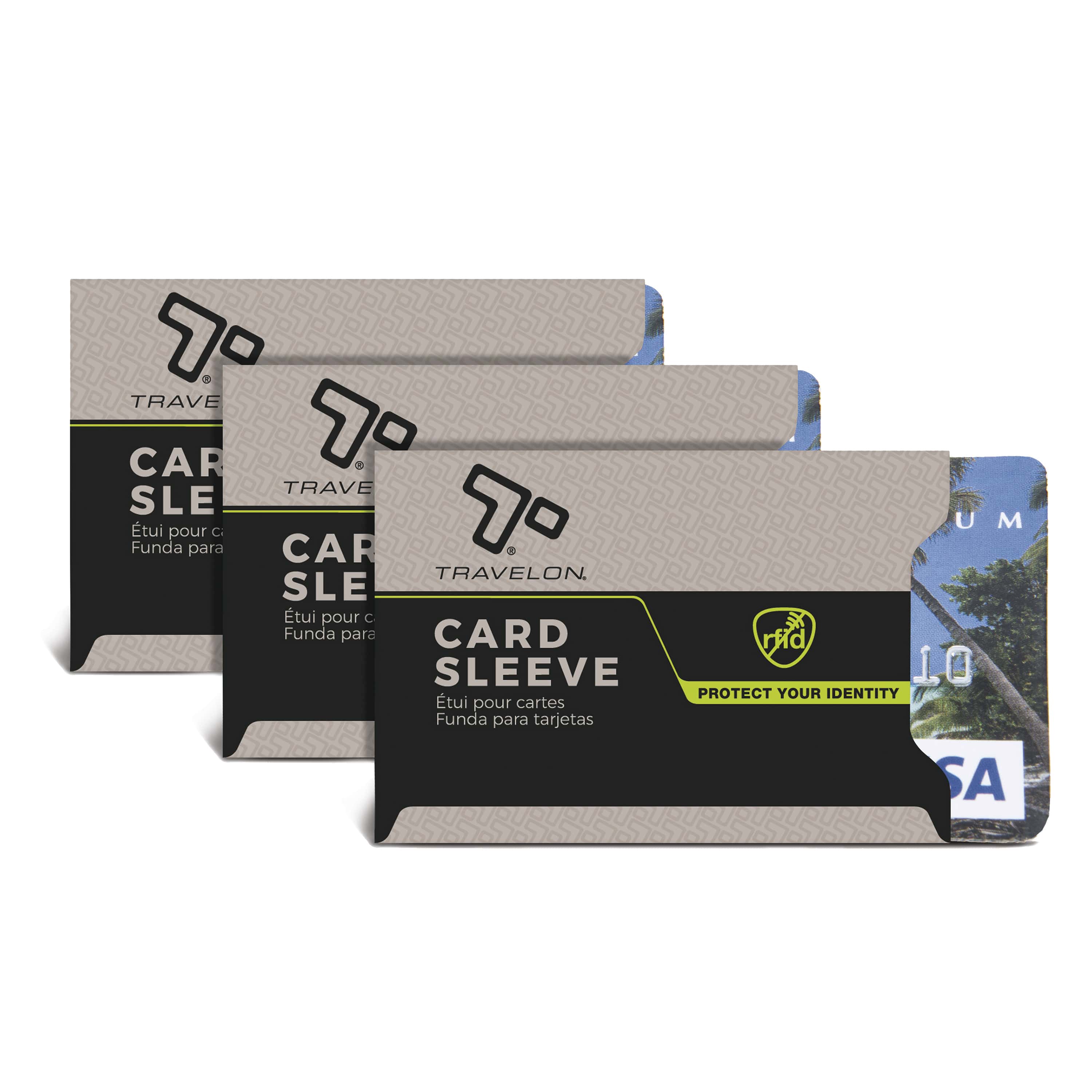 Three RFID card sleeves with Travelon branding on a white background