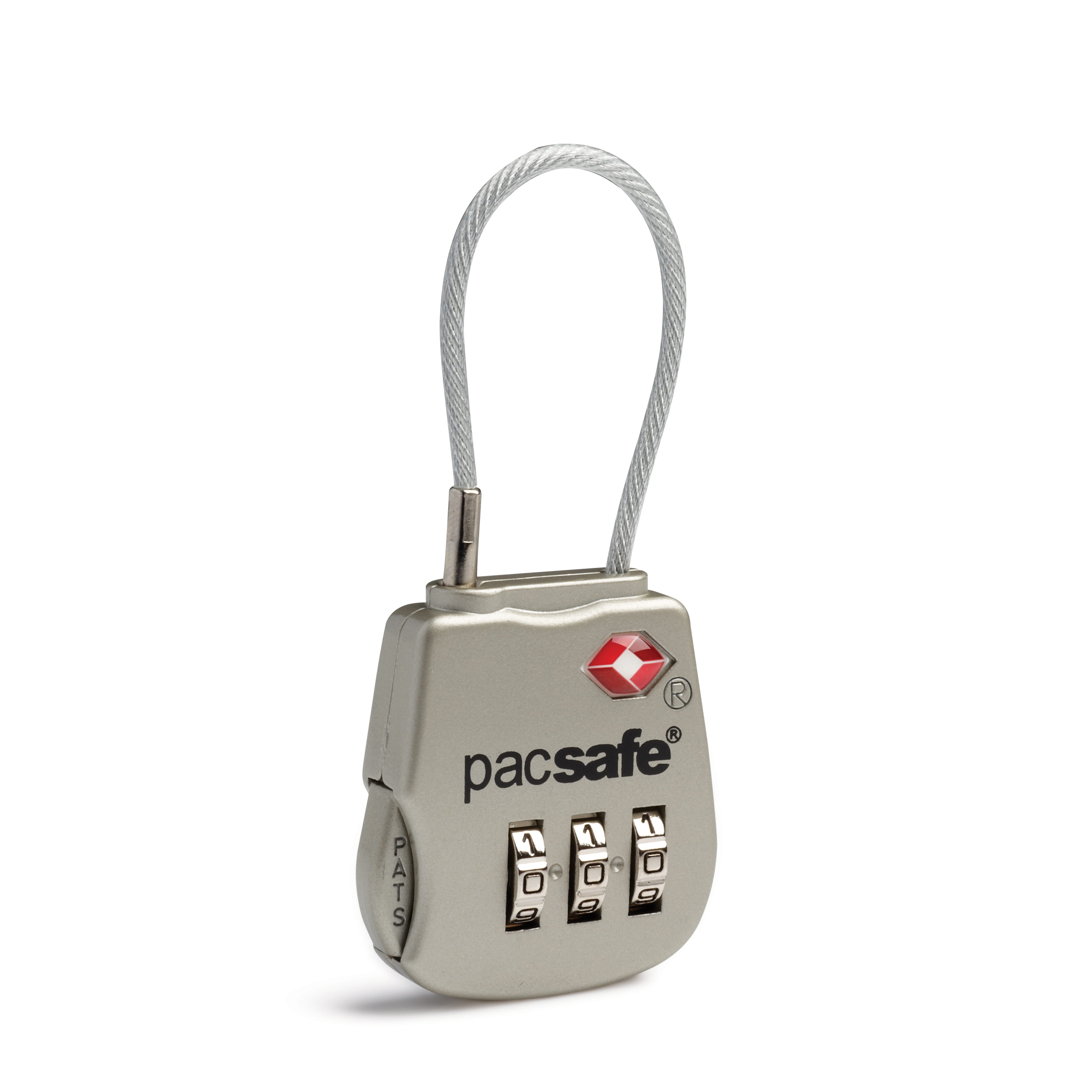 Pacsafe silver luggage travel lock.