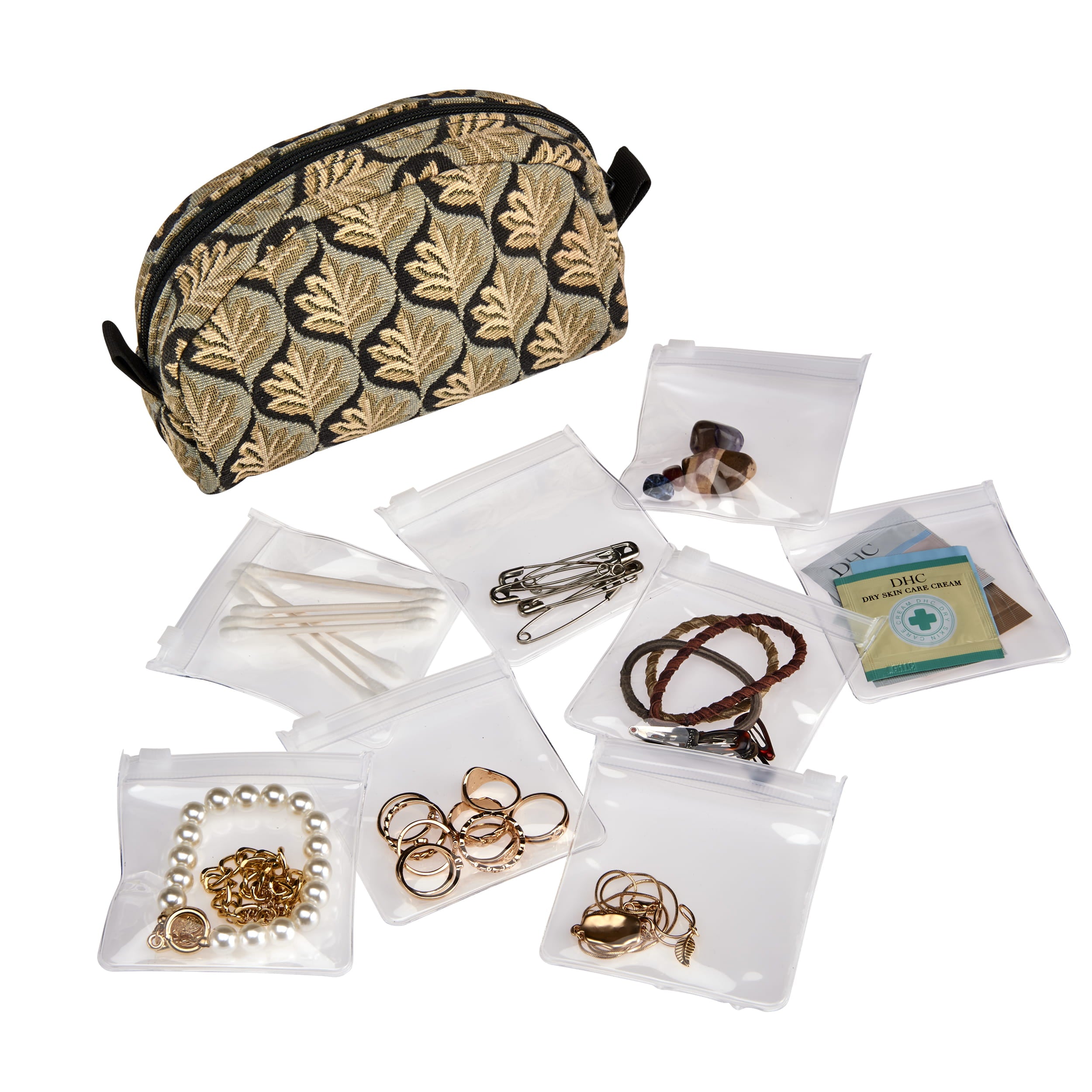 Small transparent Zippered Pill Pouch shown 8 ways holding different types of jewelry, Q-tips, safety pins, etc.