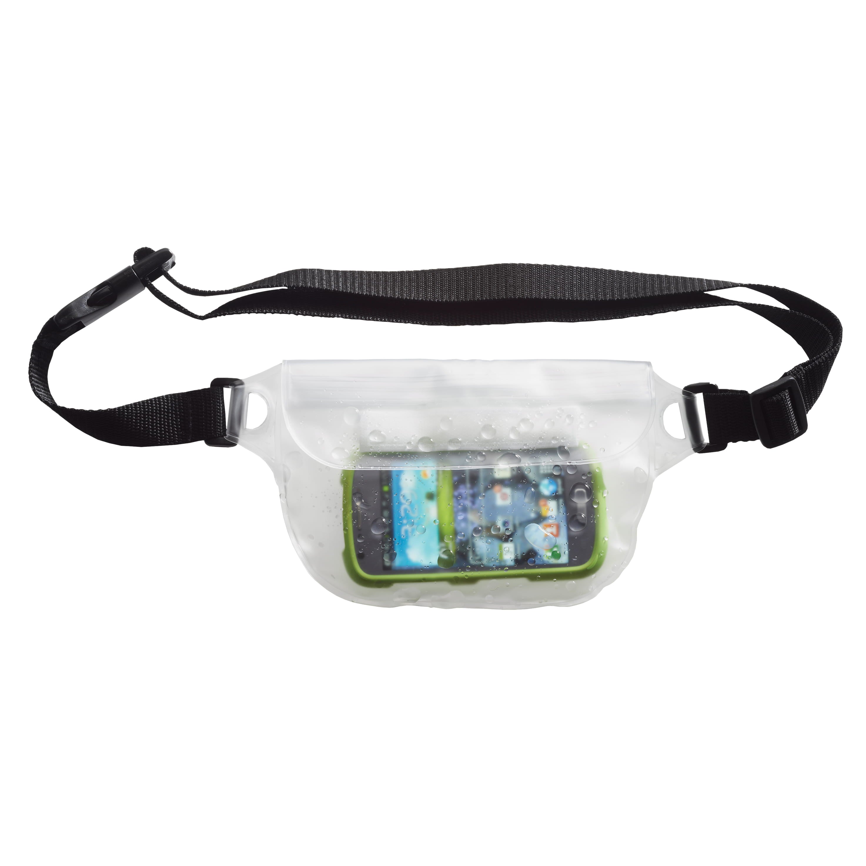 Clear Wateproof Waist Pack waist bag with black strap holding a smartphone on a white background