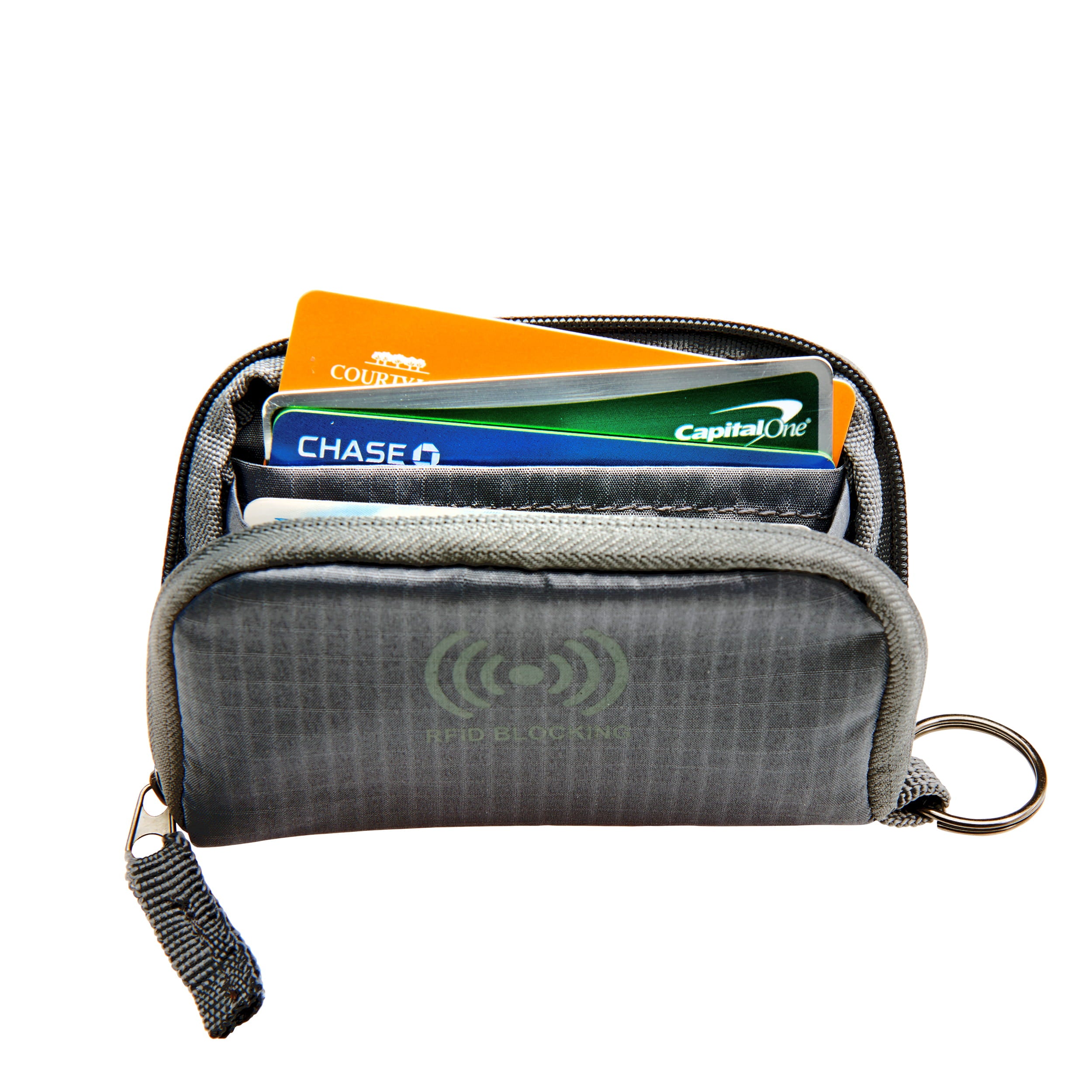 RFID blocking keychain wallet with cards inside on a white background