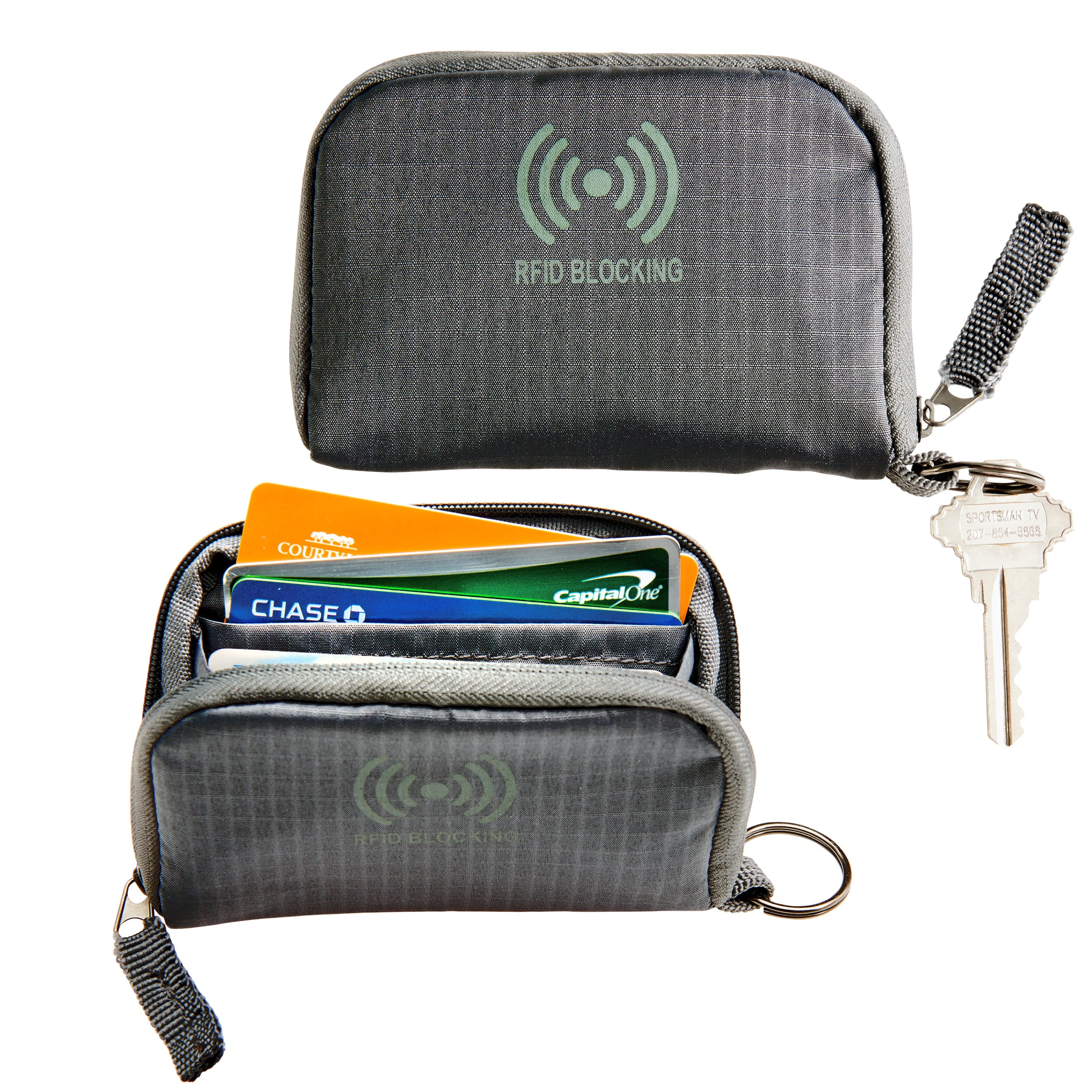 RFID Blocking wallet with cards and a key on a white background