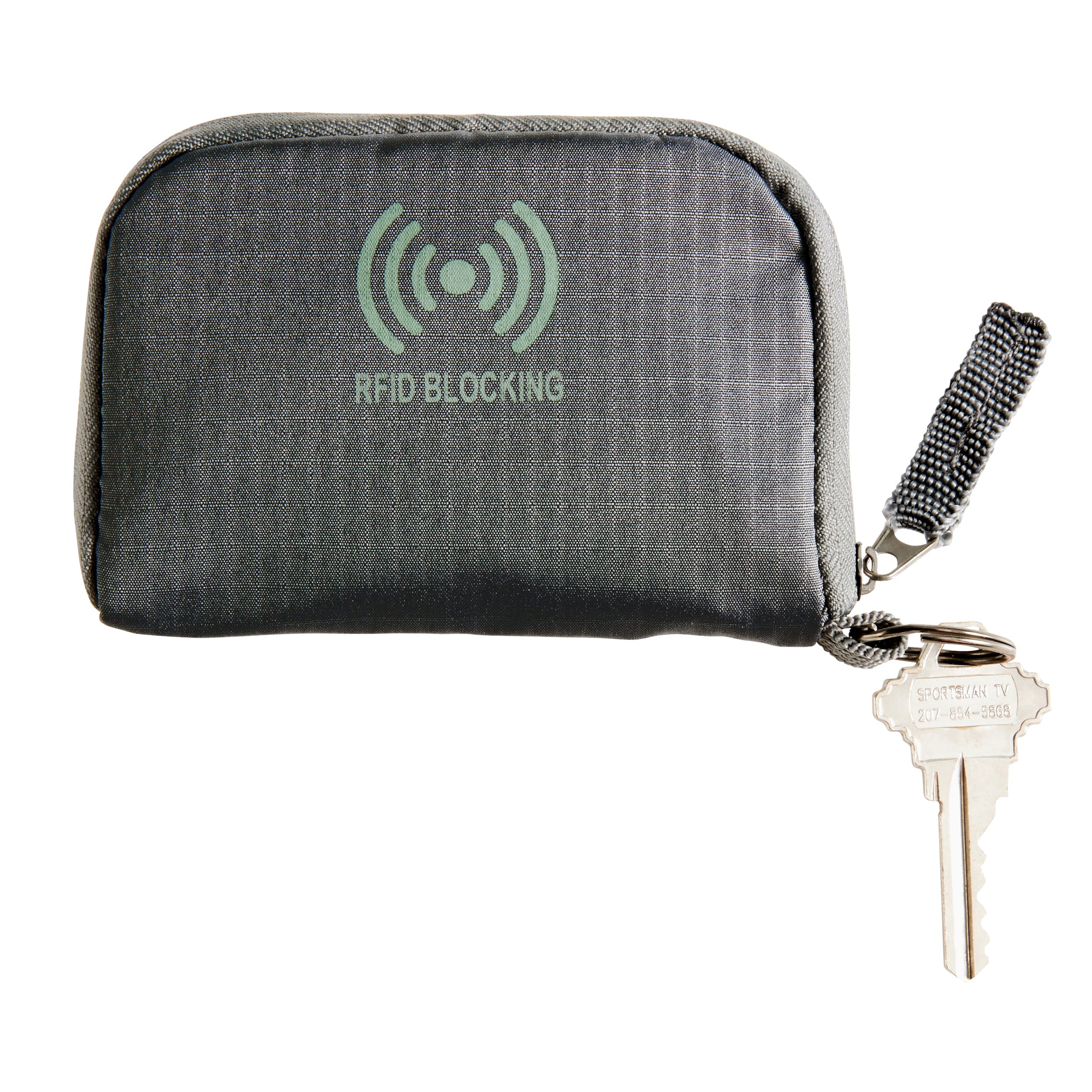 Gray RFID blocking pouch with a key attached on a white background
