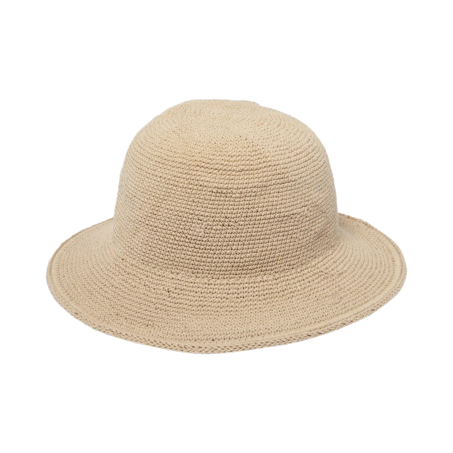 Beige crocheted hat on a white background