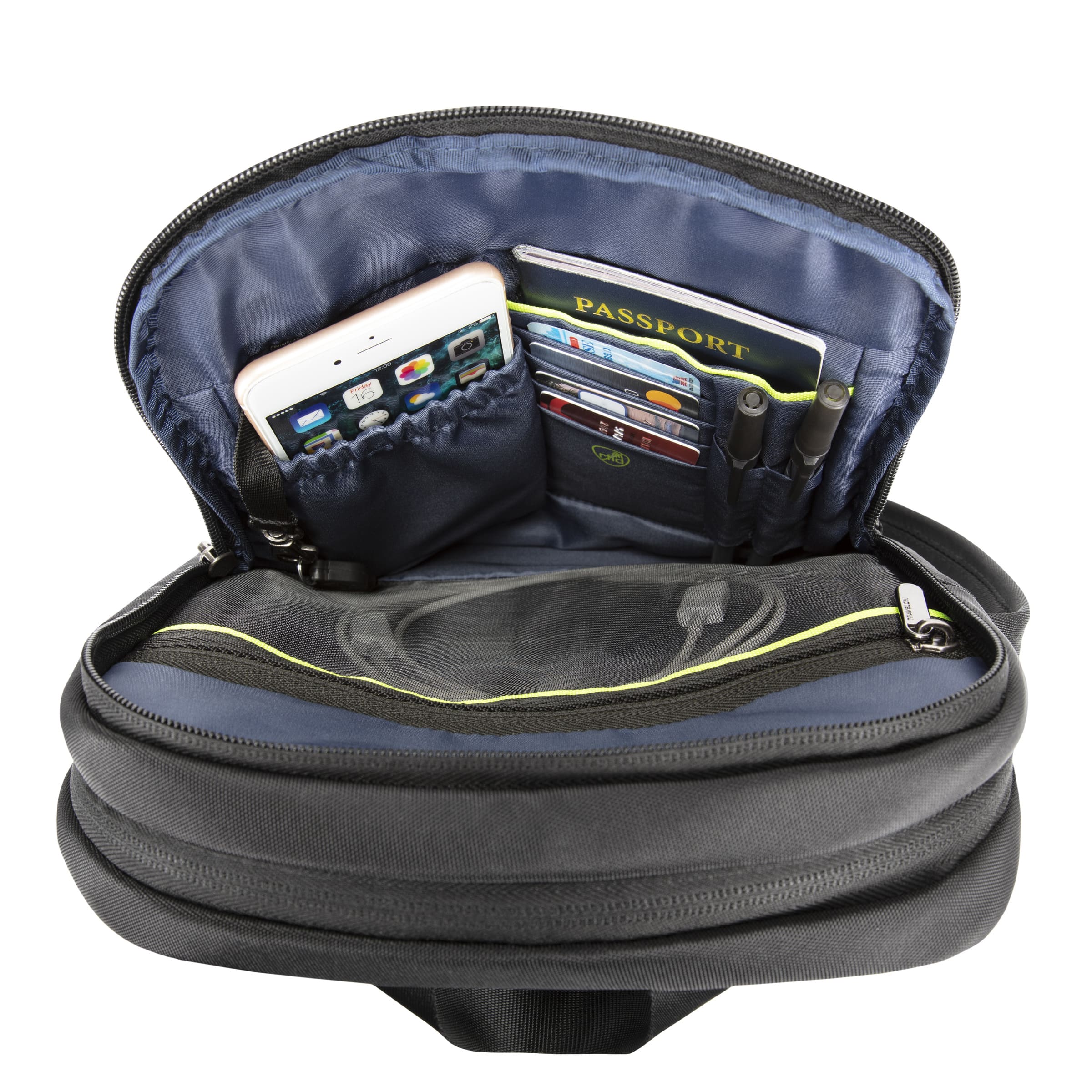 Black travel organizer with compartments for electronic devices and documents on a white background