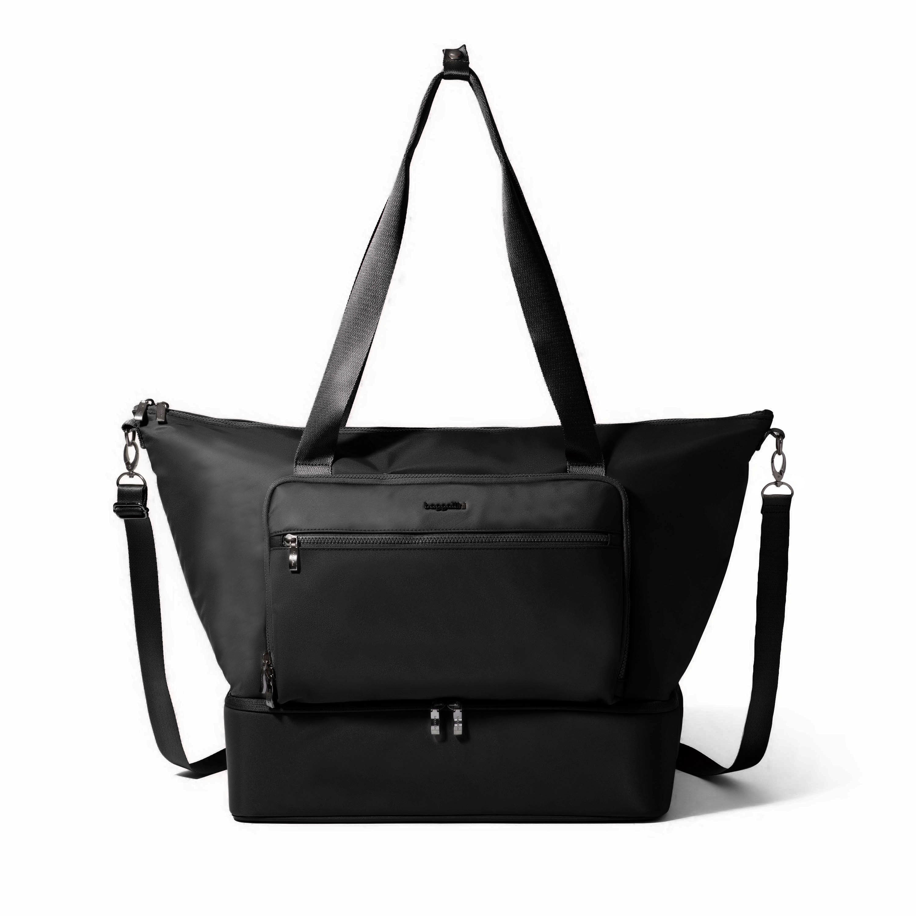 Park Ave Weekender bag with added laptop compartment fits up to 16" laptop. RFID protected passport pocket. 