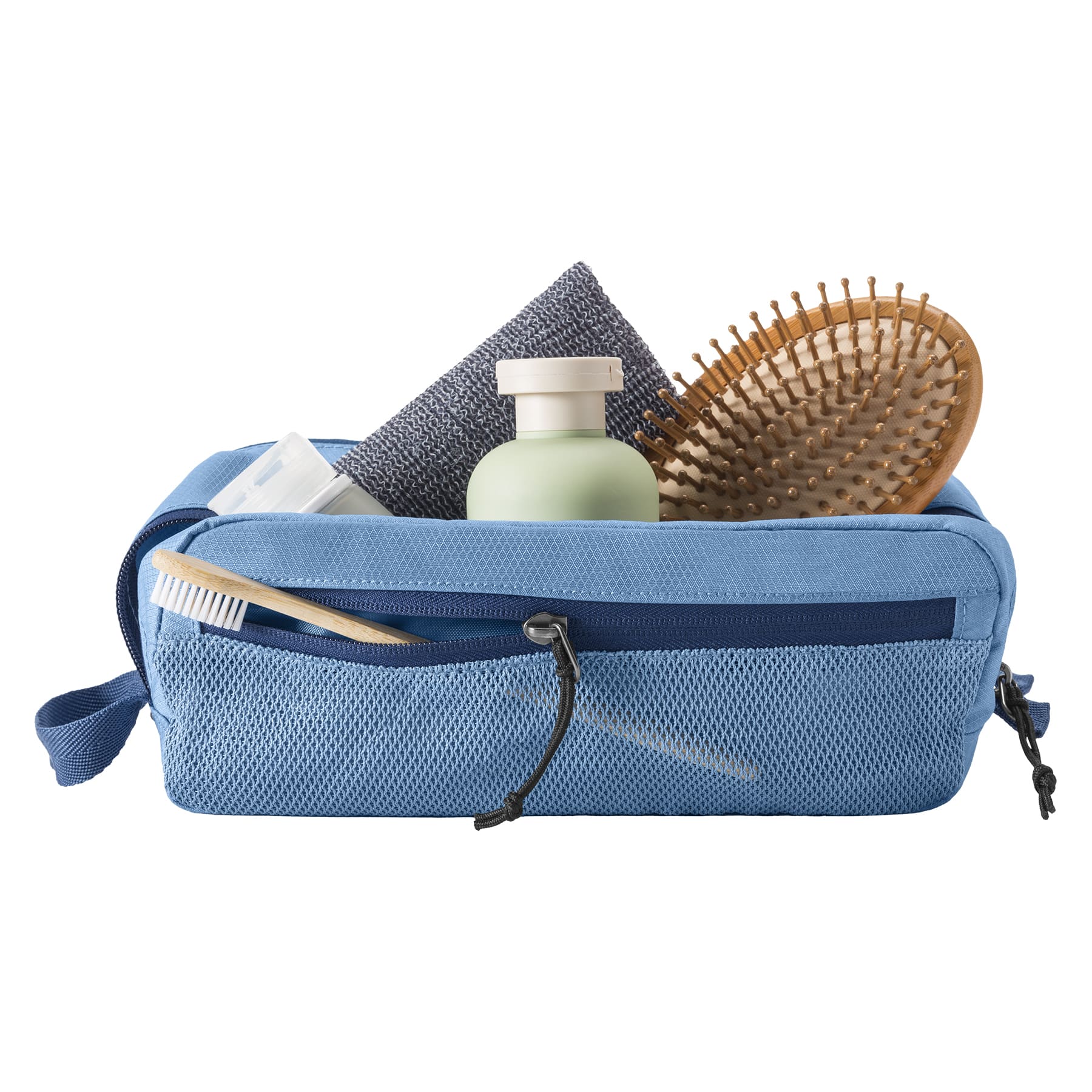 Small toiletry bag with two compartments. Side handles for easy carry and grab-and-go. Side zippered mesh pocket. Mesh gives visibility and accelerated dry times. Blue. 