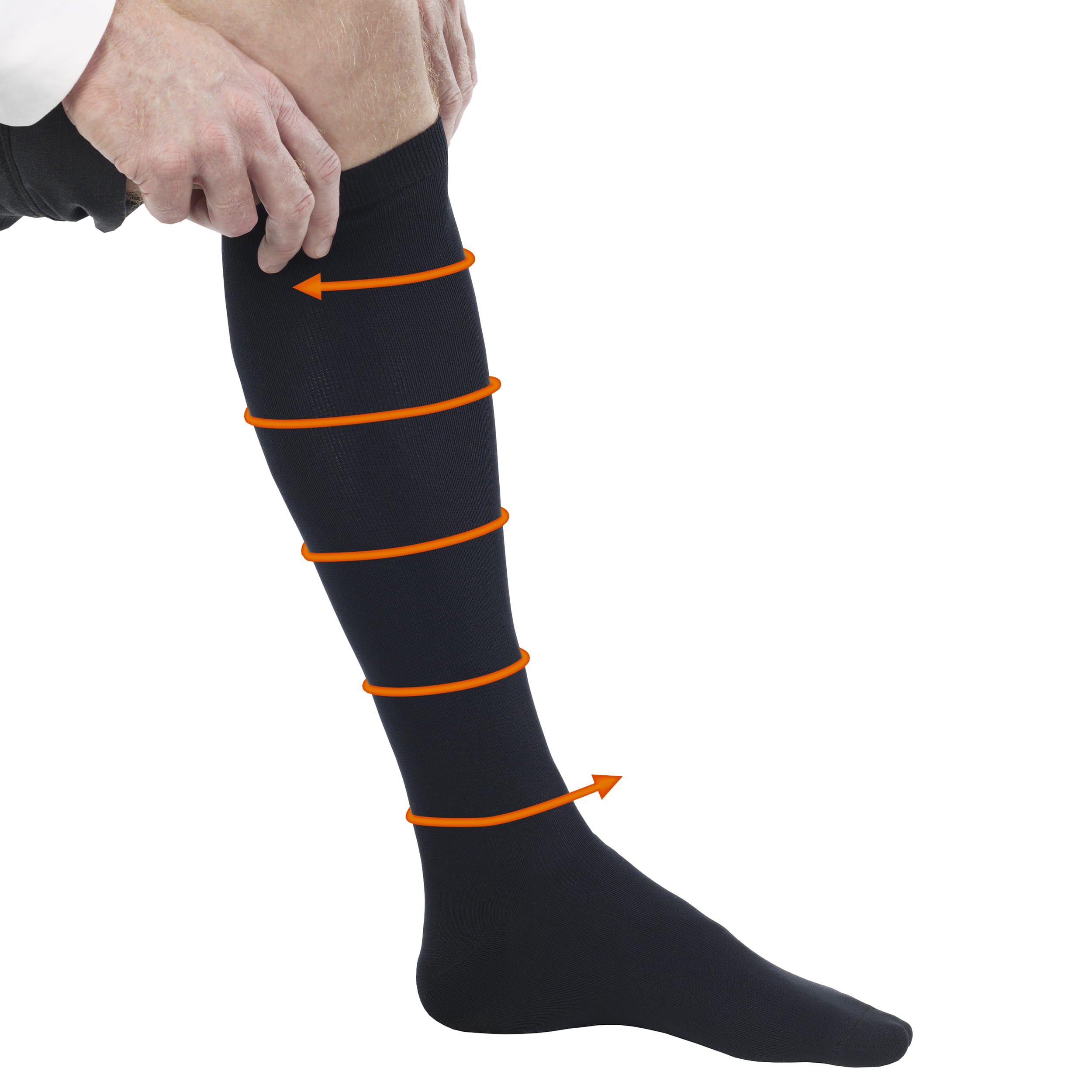 Black knee-high compression sock with orange arrows indicating compression points on a white background